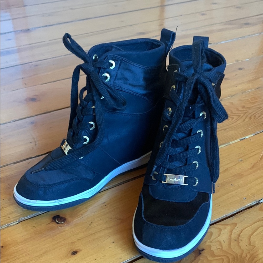 BEBE Sport Charlane high top wedge satin lace-up sneakers shoes black 8.5